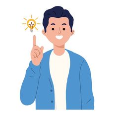 a man is pointing to an idea light bulb on his finger and the other hand is up