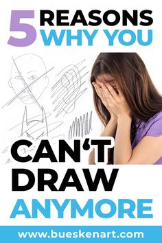 a girl covers her face with her hands while looking at the drawing she's drawn