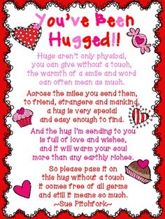 a poem written in pink and red with hearts on it, says you've been hugged