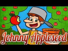 johnny appleseed is holding an apple in his hand and the words johnny appleseed are above it