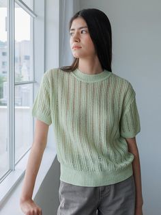 Editor's NotesLinen Net Round Knit Top Light Green from KNITLY is a round neck short sleeve knitted t-shirts product with loose weave. It is ribbed at the ends. Since it contains natural materials, it is light and comfortable to wear.- Relaxed fit- Dropped shoulder- Round neck- High quality stitchesMeasurements (in.)- 0- Length: 21.6 in.- Shoulder: 17.7 in.- Chest: 18.8 in.- Sleeve length: 7.0 in.- Arm hole: 8.2 in.*Model Information- Height: 5'6 Waist: 25 Size: 0Composition & Care- 85% Acrylic, 15% Flax- Dry Clean OnlyDesigner- by KNITLY Summer Pointelle Knit T-shirt With Crew Neck, Chunky Knit Crew Neck Tops For Spring, Spring Open Knit Crew Neck Top, Spring Textured Knit T-shirt With Crew Neck, Spring Textured Knit Crew Neck T-shirt, Spring Crew Neck Open Knit Top, Textured Knit Crew Neck T-shirt For Spring, Casual Pointelle Knit Short Sleeve T-shirt, Casual Summer Pointelle Knit T-shirt