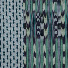 three different patterns are shown on the fabric, one is blue and green with black dots