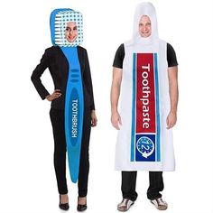 two people in costumes standing next to each other with toothbrushes on their heads