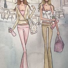 two women walking down the street with bags and purses in their hands, one is holding a handbag