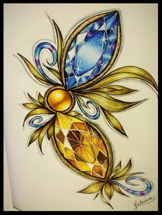 a drawing of a flower with leaves and diamonds on it's petals, as well as a diamond in the center