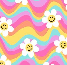 a colorful background with flowers and smiley faces