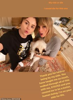 two women are posing with a cat in their arms and the caption says, thank you for forever being by my side