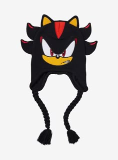 a black hat with an angry cat face on it's side and red eyes