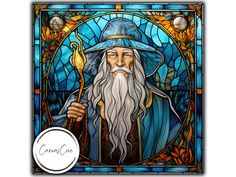 a stained glass portrait of an old wizard