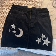 Never Worn Judith March Skirt! Black With Glitter Star And Moon Imprints. Perfect For Eras Tour! Black Star Print Bottoms For Night Out, Black With Glitter, Aztec Skirt, Mini Wrap Skirt, Ropa Aesthetic, Twill Skirt, Feather Skirt, Judith March, Bow Skirt