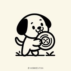 a black and white drawing of a dog holding a frisbee