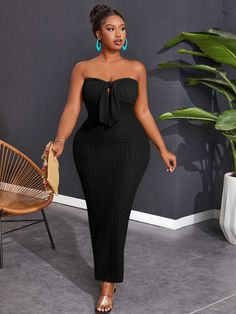 Strapless Knotted Bodycon Dress In Plus Size Black Elegant,Sexy  Sleeveless Knitted Fabric Plain Bodycon Medium Stretch  Women Plus Clothing, size features are:Bust: ,Length: ,Sleeve Length: Actress Photoshoot, All Fashion, Plus Clothing, Plus Size Dresses, Long Dress, Length Sleeve, Latest Trends, Knitted Fabric, Bodycon Dress