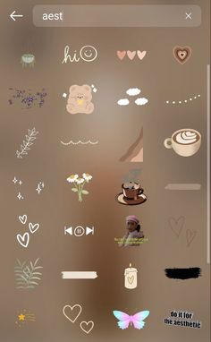 an iphone screen with various stickers on it, including coffee and other things in the background