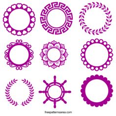 various circular frames with flowers and wreaths in purple on a white background stock photo