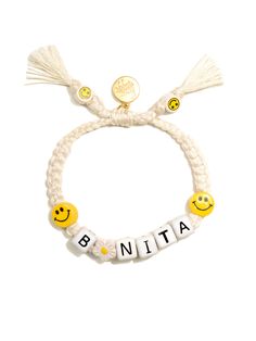 Bring a little joy to your wrist with the Bonita Bracelet! This cheerful piece is crafted with ceramic daisies and smiley faces that will make you grin from ear to ear. 6" Adjustable white threadwork Drawstring closure (extendable up to 8") Gold plated brass hardware Ceramic charms Handmade in New York City and Puerto Rico. Due to the handmade nature of our products, some charms may vary in color and style or be replaced if unavailable. Please allow 5-7 business days for production. Pulseras Kandi, Ceramic Charms, Face Jewellery, Smiley Faces, Diy For Girls, Brass Hardware, Ring Bracelet, Pearl Bracelet, Men Necklace