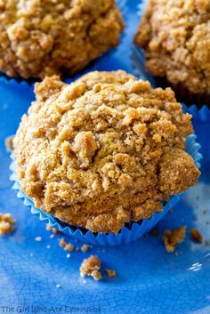 some muffins are sitting on a blue plate