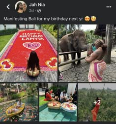 several pictures of people and elephants at an outdoor event, including a birthday cake with the name happy lamya written on it