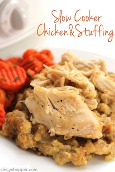 slow cooker chicken and stuffing on a plate with carrots