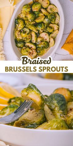 brussel sprouts in a white bowl with a fork and cheese on the side