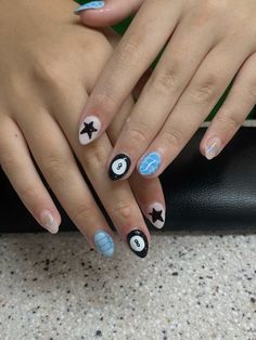 Almond shaped blue black and white 8 ball nails cherry blooming gel acrylic nails Solid Nails With Accent Nail, Simple Blue Gel Nails, Cheetah 8 Ball Nails, Black Blue White Nails, Gel Nails Designs Blue, Mismatched Nails Fall, Nail Gel X Designs, Nail Ideas 8 Ball, Magic Eight Ball Nails