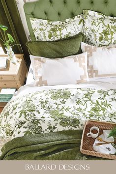 Photo of bedding Sage Green Floral Bedding, Southern Living Bedding, Chinoiserie Bed, Toile Duvet Cover, Toile Duvet, Wimbledon House, Bohemian Style Furniture, Toile Bedding, French Country Bedding