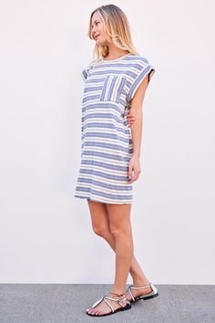 Muscle tee dress in stripes with contrast front pocket. Spring Cotton Dresses With Contrast Stripes, Blue Cotton Dress With Vertical Stripes, Spring Striped Loungewear Dress, Striped Crew Neck Dresses For Spring, Short Sleeve Cotton Dress With Vertical Stripes, Summer Crew Neck Dresses With Side Pockets, Cotton Short Sleeve Dresses With Vertical Stripes, Summer Dresses With Crew Neck And Side Pockets, Summer Dresses With Side Pockets And Crew Neck