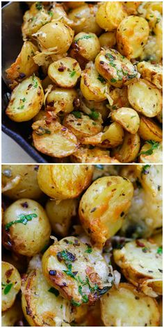 two pictures showing different types of potatoes with herbs on top and the same side by side