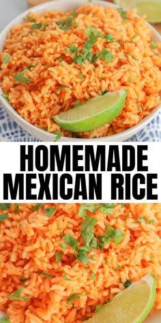 mexican rice with lime wedges and cilantro on the side