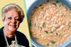 an older woman is smiling next to a bowl of beans and spinach soup with a photo of her