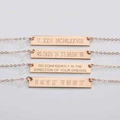 "Reversible Custom Coordinates Gold Bar Necklace-Personalized Both Sides Bar | 14K Gold Filled | Rose Gold Filled | Silver-CG220N Personalize this chic original bar necklace to make it more meaningful It's reversible so you can engrave front and back to wear either side! Is there a special place, dates, names or words you want to cherish? You can personalize them on this chic trendy necklace! ♥ Each side can be engraved with * Names or Initials * Roman Numerals (Roman Numeral Converter => htt Gold Bar Necklace Personalized, Horizontal Bar Necklace, Portrait Necklace, Rose Gold Bar, Bar Necklace Personalized, Trendy Necklace, Gold Bar Necklace, Trendy Necklaces, Roman Numeral