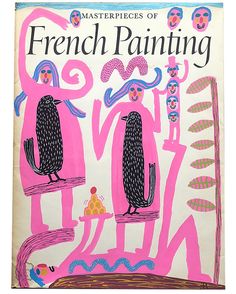 a book with pink and black designs on it's cover, depicting two penguins