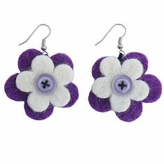 pair of purple and white flower earrings with button in center on hook back ear wires