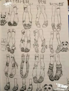 an open notebook with drawings of different pairs of shoes and panda's feet on them