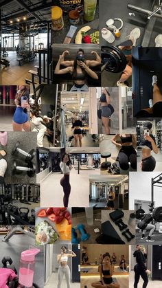 a collage of photos showing people working out and doing different things in the gym