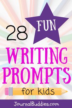 the words, 28 fun writing prompts for kids with colored pencils in the background