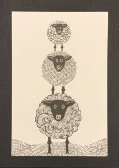 three sheep standing on top of each other in front of a black and white background