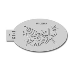 a metal name tag with an image of a fish and starfish on the front