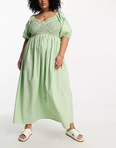 ASOS DESIGN Curve cotton shirred corset midi dress in sage green | ASOS Corset Midi Dress, Summer Trends Outfits, Asos Curve, Puffed Sleeves Dress, Summer Trends, Green Fashion, Summer Essentials, Spring Dresses, Nordstrom Dresses