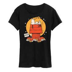 a women's black shirt with snoopy on the front and charlie brown on the back