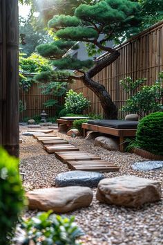 a garden with rocks and trees in it