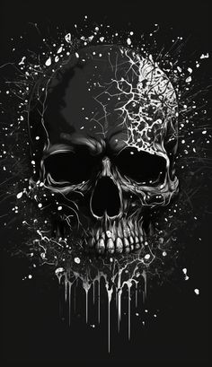 a black and white drawing of a skull with splatters on it's face