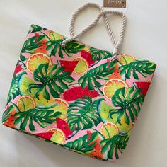 Jumbo Multi Color Tropical Fruit Beach Tote. Super Cute And Holds So Many Things. Rope Straps. Magnetic Snap Closure 1 Interior Slide Pocket. New Boutique Item. Watermelon Orange Melon Palm Leaf Tropical Multicolor Everyday Bag, Handpainted Tote, Pink Tropical Beach Bag, Tropical Beach Tote Shoulder Bag, Canvas Beach Tote, Handpainted Tote Bags, Tory Burch Kira Chevron, Tropical Pink Tote Bag, Kira Chevron