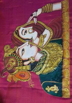 Fabric Tanjore Painting, Painting Blouses, Thanjavur Painting, Jeans Print, Cloth Painting, Wedding Symbols, Fabric Paint Diy, Embroidery Painting