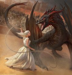 a woman in white dress standing next to a dragon