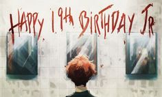 a boy standing in front of three mirrors with the words happy 14th birthday to him