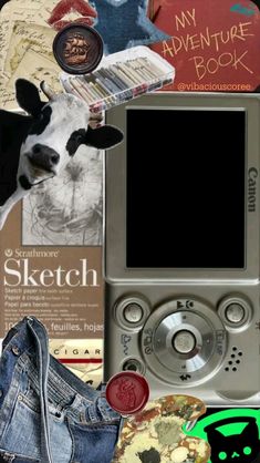 a collage of various items including a cell phone, jeans and a cow's head