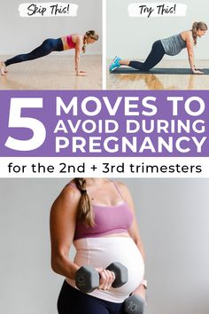 pregnant women doing exercises with dumbbells and exercise balls in front of the words 5 moves to avoid during pregnancy for the 2nd time