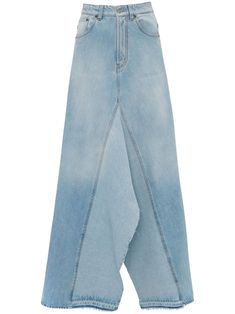 light blue cotton denim panelled design raw-cut edge high-waisted concealed fly and button fastening belt loops classic five pockets front slit rear slit floor-length Oversized Polo, Fashion Week Trends, Winter Capsule Wardrobe, Denim Maxi, Denim Maxi Skirt, Polo Neck, Suit Vest, Raw Edge, Victoria Beckham