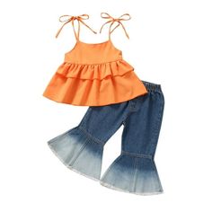 Girls' clothing striped suspenders denim flared pants 2 piece girls' suit set Material: cotton Color: as the picture shows, (Due to the difference between different monitors, the picture may have slight color difference. please make sure you do not mind before ordering, Thank you!) Package weight: 200g Package size: 30x25x2cm,(Please allow 1-3mm error due to manual measurement. please make sure you do not mind before ordering.) Package include:1PC tops+1PC pants Size chart: Size:90 Recommended a Girls Jeans Outfit, Girls Ripped Jeans, Plaid Skirt Set, Striped Tops, Girls Summer Tops, Girl Jeans, Toddler Girl Outfit