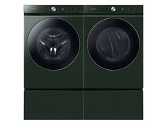 the front load washer and dryer are shown in this image, both side by side